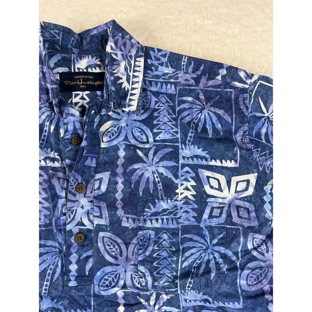 Pete Huntington Mens Hawaiian Shirt Size S Blue Palm Tree Print Short Sleeve‎